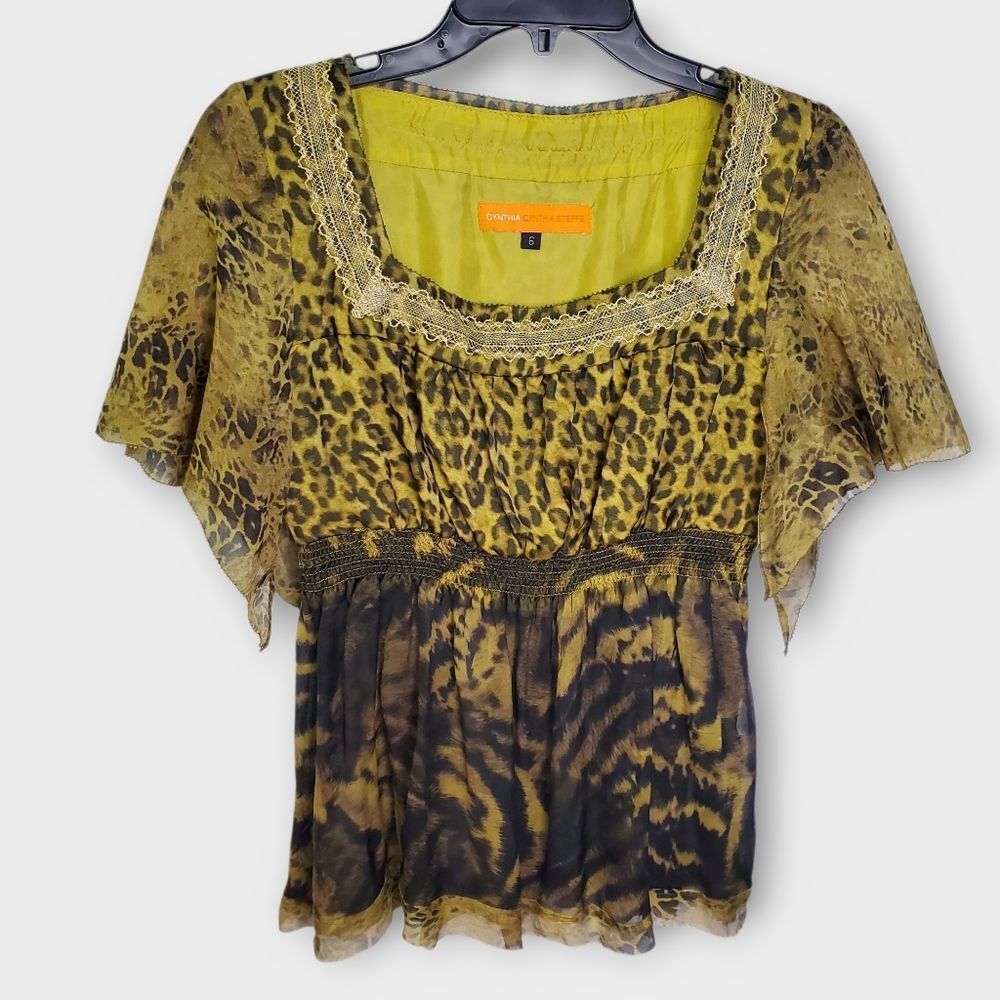 Y2K Silk Animal Print Blouse with Lace Trim Size 6